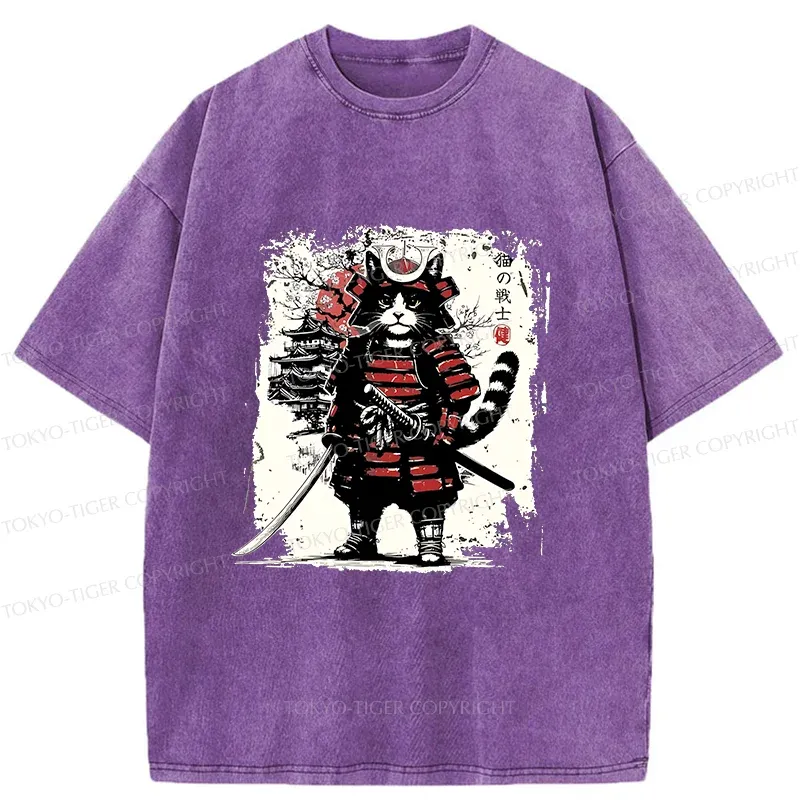 Tokyo-Tiger Retro Cat Japanese Samurai Washed T-Shirt