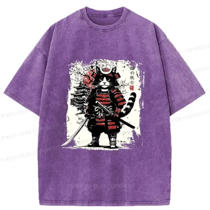 Tokyo-Tiger Retro Cat Japanese Samurai Washed T-Shirt