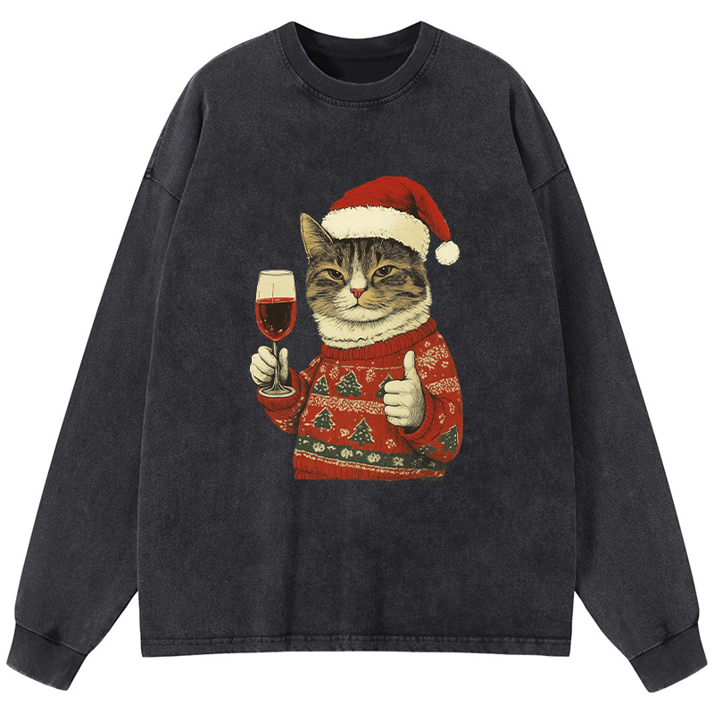 Tokyo-Tiger Christmas Cat Likes Washed Long Sleeve T-Shirt