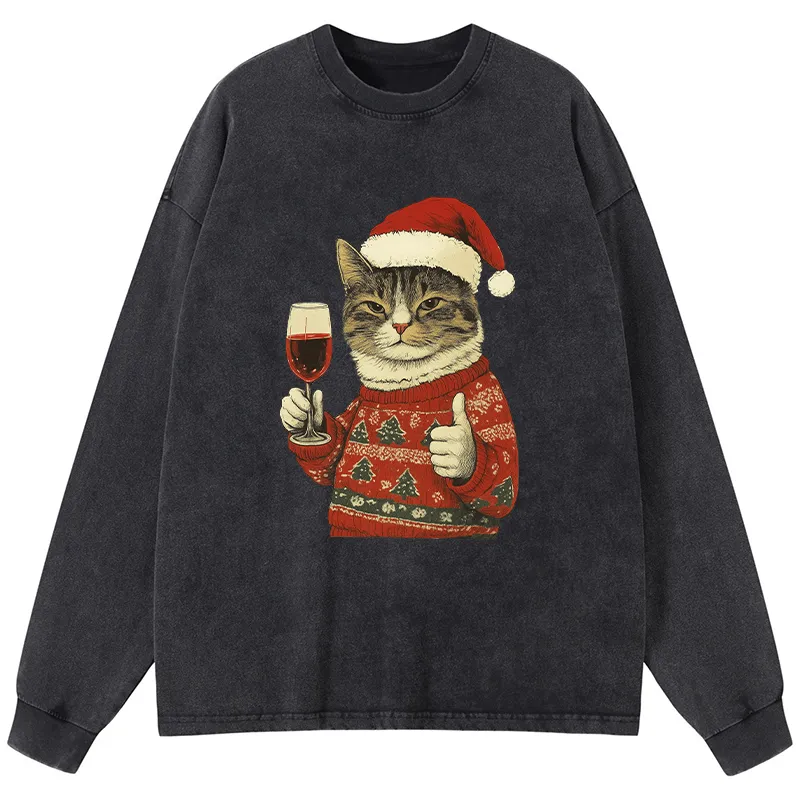 Tokyo-Tiger Christmas Cat Likes Washed Long Sleeve T-Shirt
