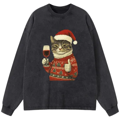 Tokyo-Tiger Christmas Cat Likes Washed Long Sleeve T-Shirt