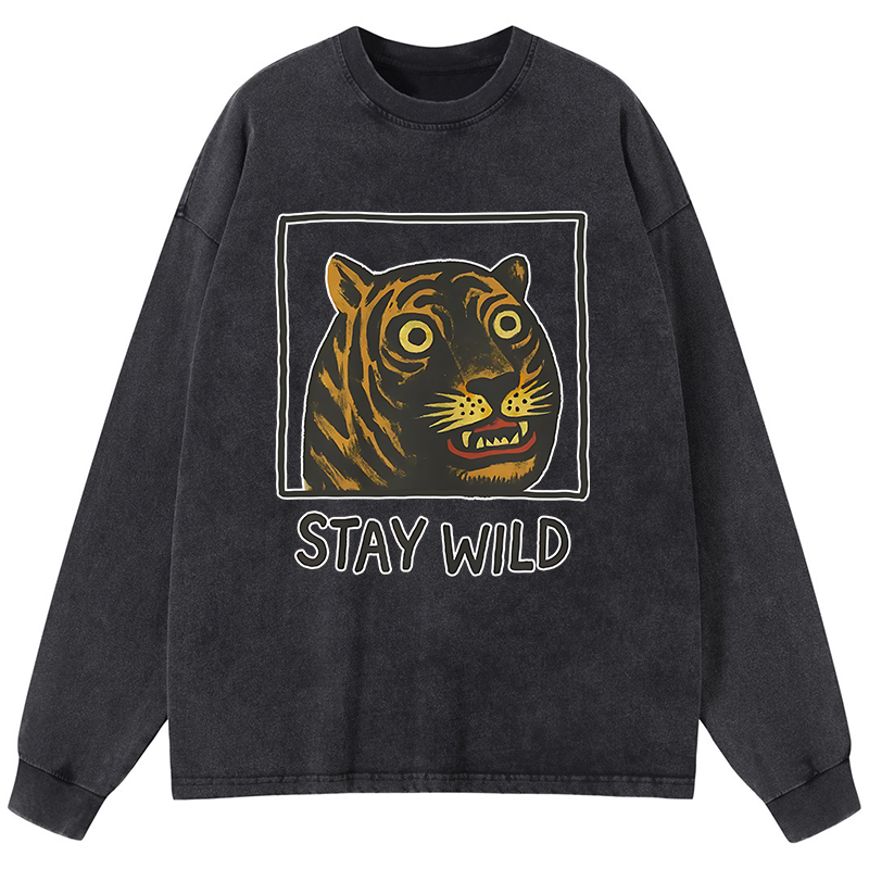 Tokyo-Tiger Silly And Cute Tiger Washed Long Sleeve T-Shirt