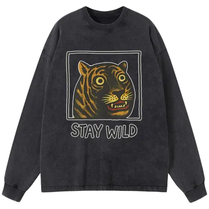 Tokyo-Tiger Silly And Cute Tiger Washed Long Sleeve T-Shirt