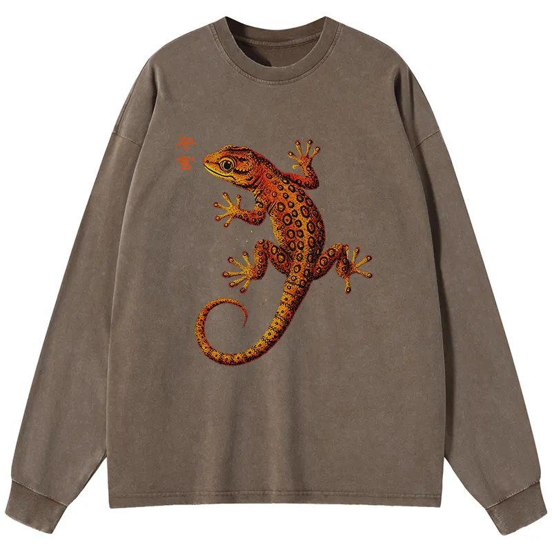 Tokyo-Tiger Retro Gecko Funny Washed Long Sleeve T-Shirt