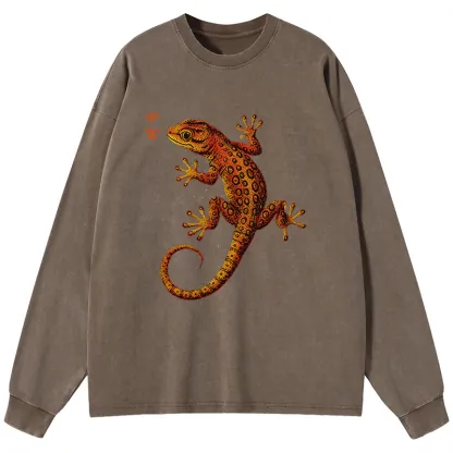 Tokyo-Tiger Retro Gecko Funny Washed Long Sleeve T-Shirt