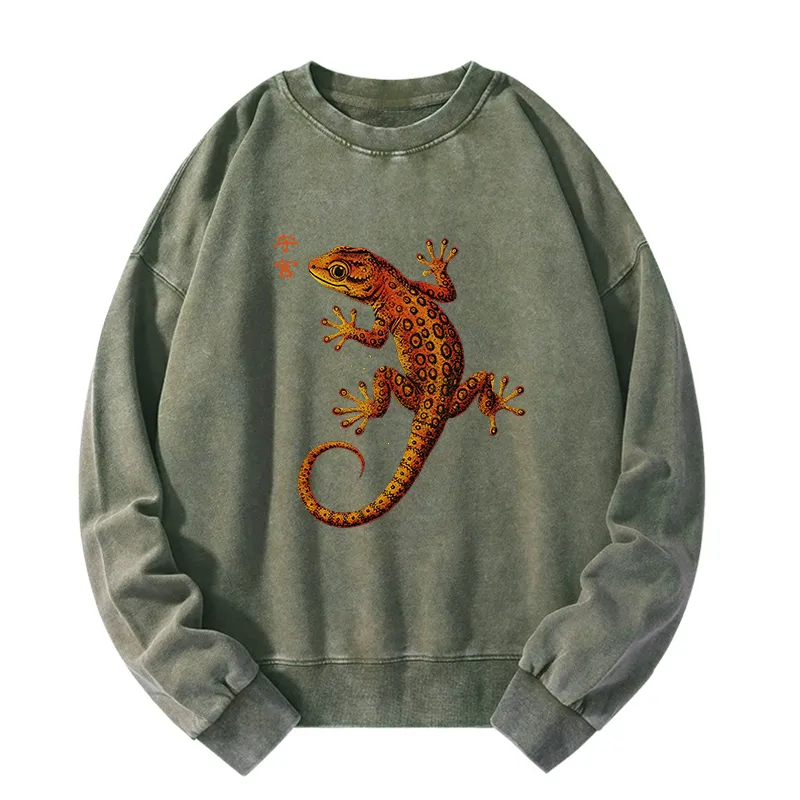 Tokyo-Tiger Retro Gecko Funny Washed Sweatshirt