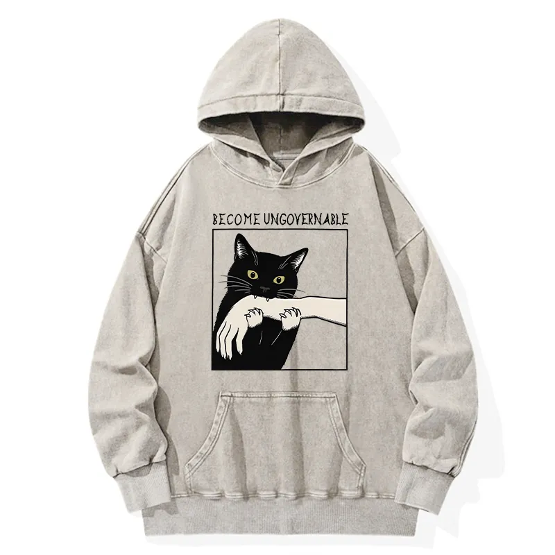 Tokyo-Tiger Black Cat Biting Washed Hoodie