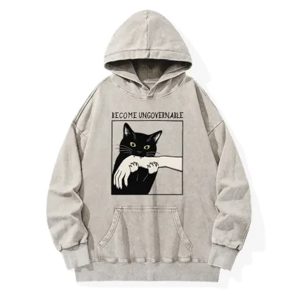 Tokyo-Tiger Black Cat Biting Washed Hoodie