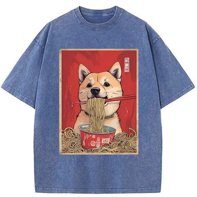 Tokyo-Tiger Shiba Lnu Eating Ramen Washed T-Shirt