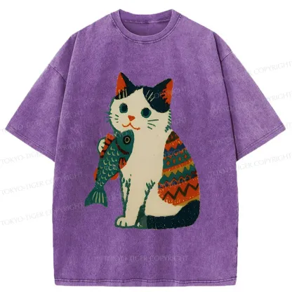 Tokyo-Tiger Retro Kitten Catching Fish Washed T-Shirt