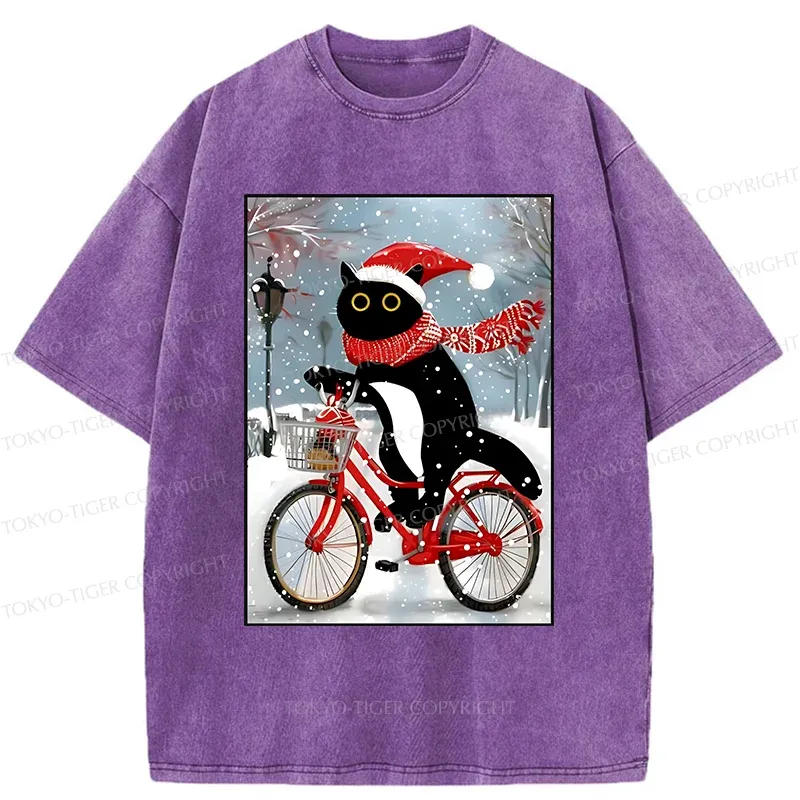 Tokyo-Tiger Black Cat Riding A Bicycle Washed T-Shirt