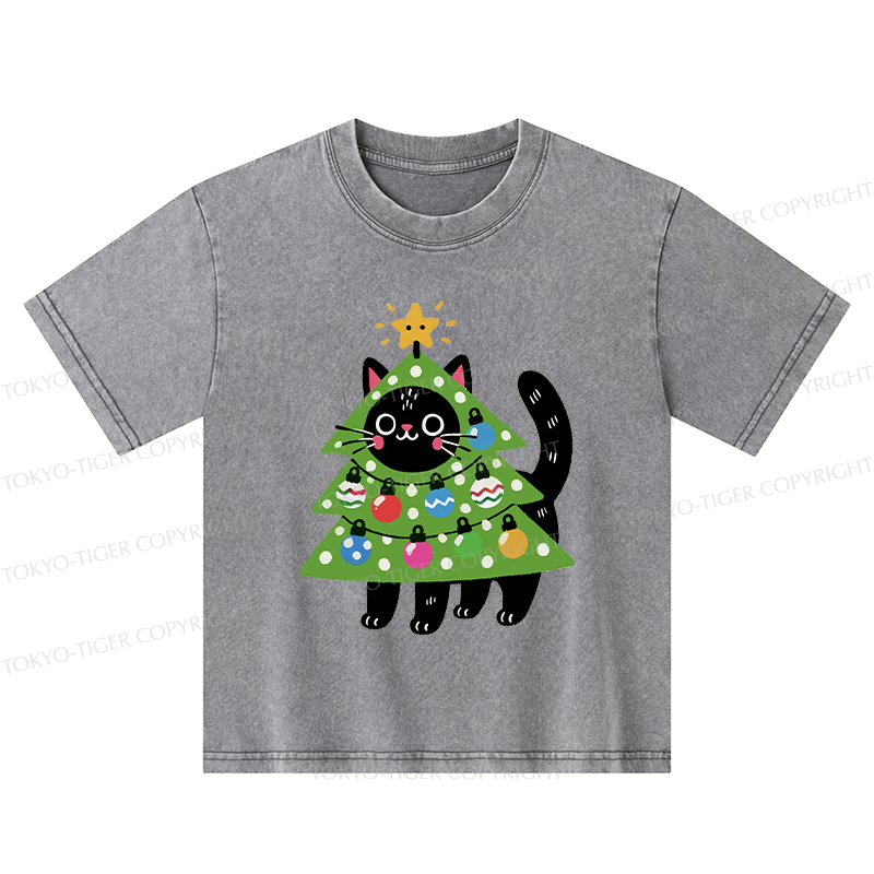 Tokyo-Tiger Christmas Tree Cat Kids Washed T-Shirt