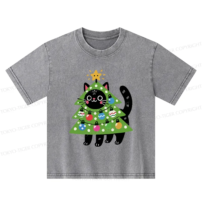 Tokyo-Tiger Christmas Tree Cat Kids Washed T-Shirt