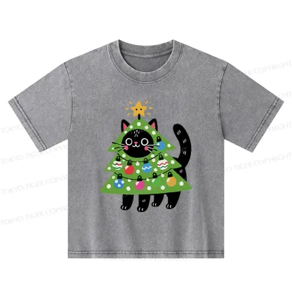 Tokyo-Tiger Christmas Tree Cat Kids Washed T-Shirt