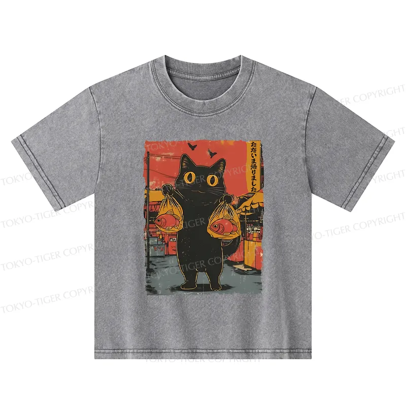 Tokyo-Tiger Cat Fishing Japanese Kids Washed T-Shirt