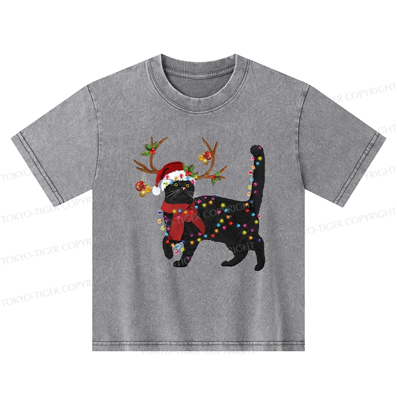 Tokyo-Tiger Christmas Black Cat Kids Washed T-Shirt