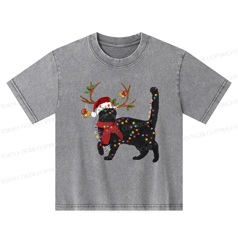 Tokyo-Tiger Christmas Black Cat Kids Washed T-Shirt