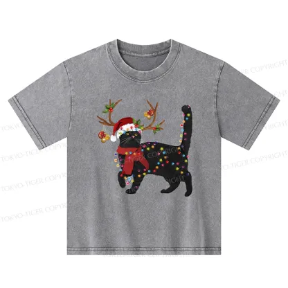 Tokyo-Tiger Christmas Black Cat Kids Washed T-Shirt