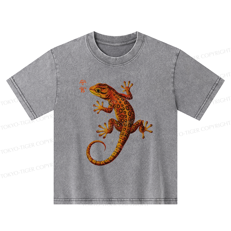 Tokyo-Tiger Retro Gecko Funny Kids Washed T-Shirt