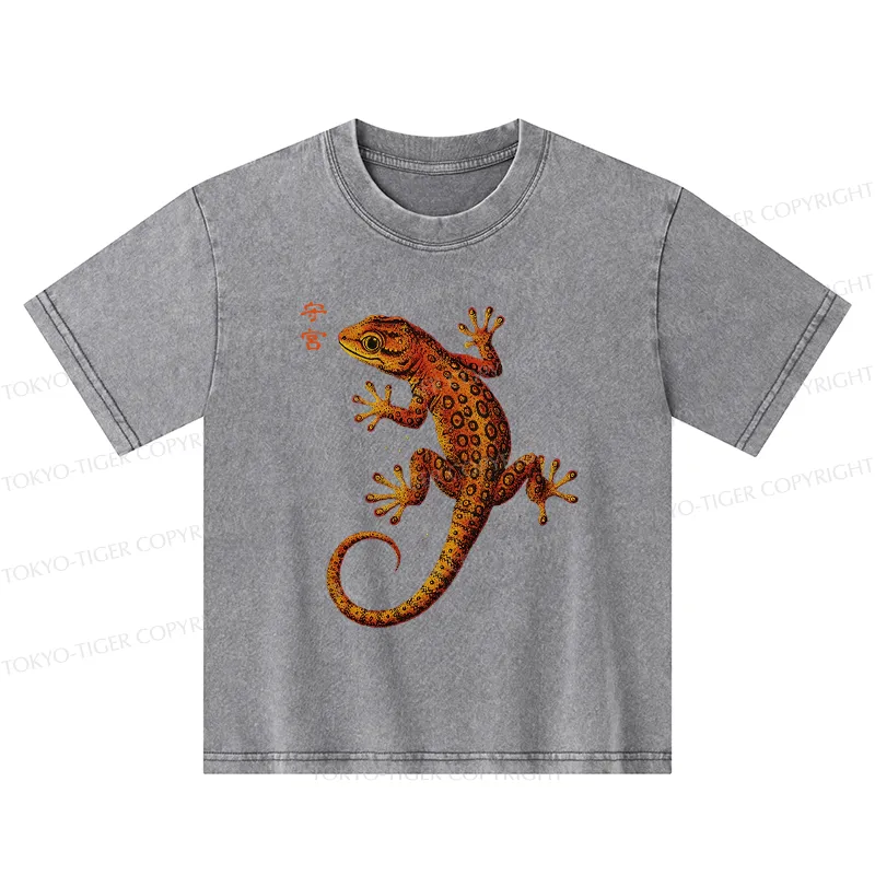 Tokyo-Tiger Retro Gecko Funny Kids Washed T-Shirt