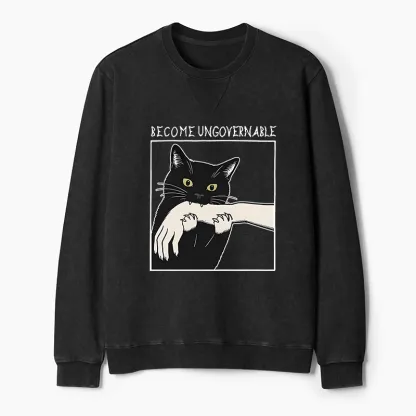 Tokyo-Tiger Black Cat Biting Washed Terry Sweatshirt