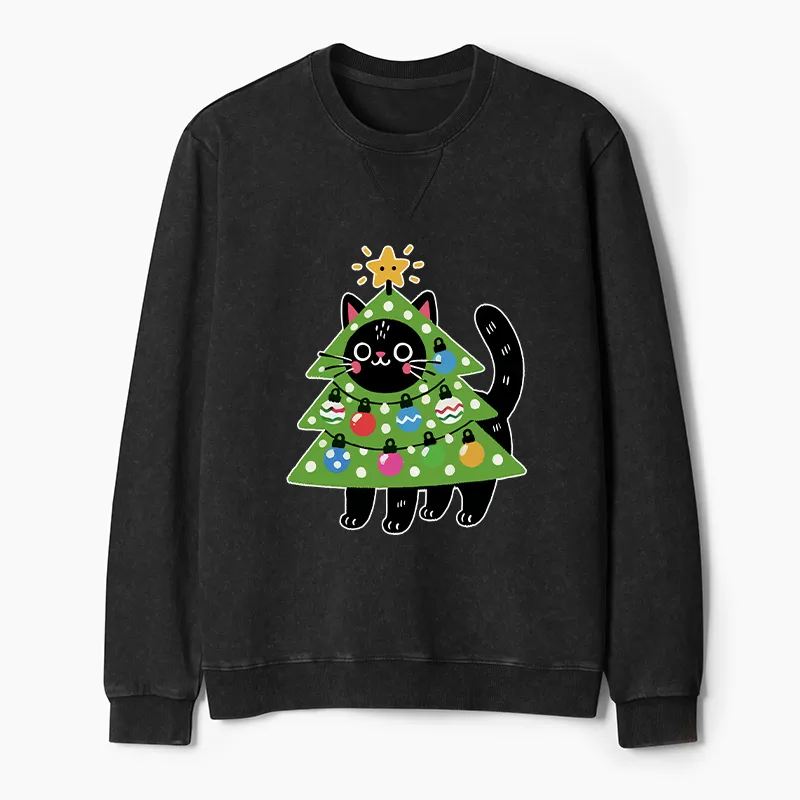 Tokyo-Tiger Christmas Tree Cat Washed Terry Sweatshirt