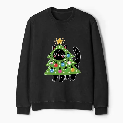 Tokyo-Tiger Christmas Tree Cat Washed Terry Sweatshirt
