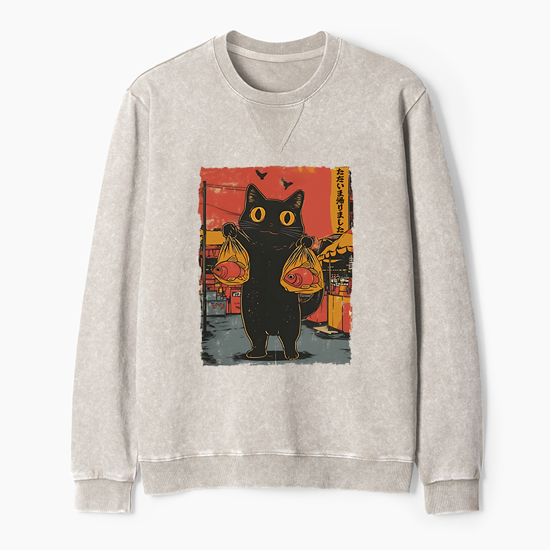 Tokyo-Tiger Cat Fishing Japanese Washed Terry Sweatshirt