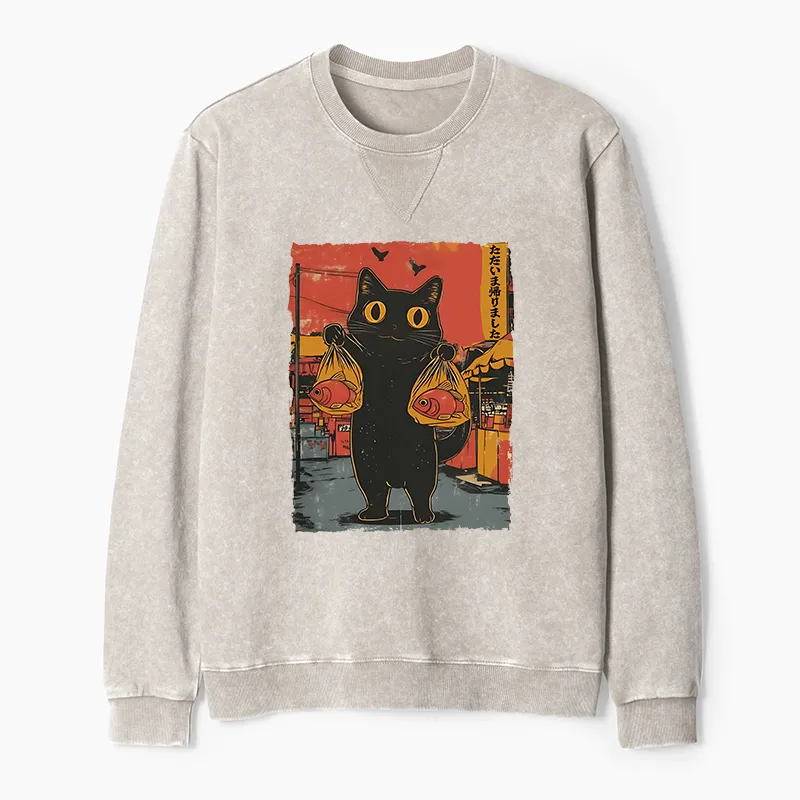 Tokyo-Tiger Cat Fishing Japanese Washed Terry Sweatshirt
