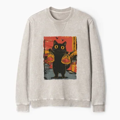 Tokyo-Tiger Cat Fishing Japanese Washed Terry Sweatshirt