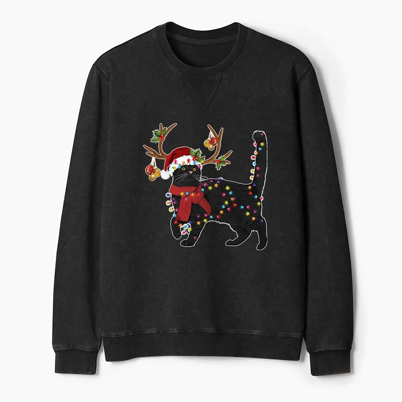 Tokyo-Tiger Christmas Black Cat Washed Terry Sweatshirt