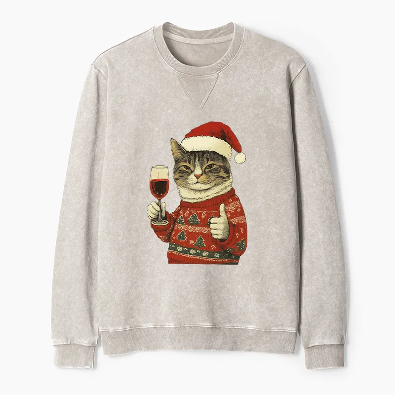 Tokyo-Tiger Christmas Cat Likes Washed Terry Sweatshirt