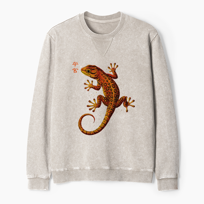 Tokyo-Tiger Retro Gecko Funny Washed Terry Sweatshirt