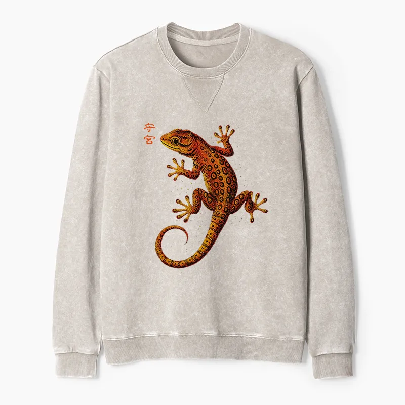 Tokyo-Tiger Retro Gecko Funny Washed Terry Sweatshirt