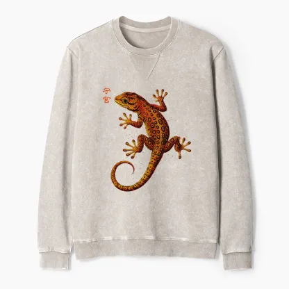 Tokyo-Tiger Retro Gecko Funny Washed Terry Sweatshirt