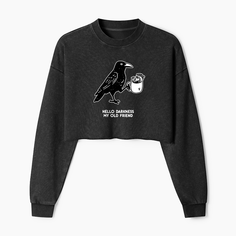 Tokyo-Tiger Crow Drinking Black Coffee Funny Washed Crop Sweatshirt