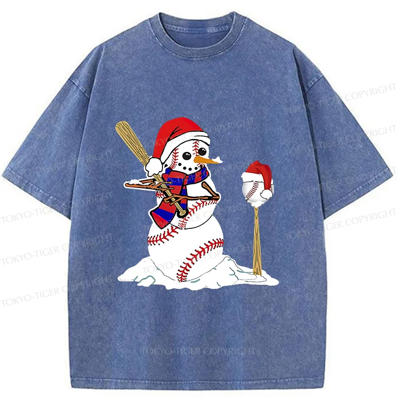 Tokyo-Tiger Snowman Playing Baseball Washed T-Shirt