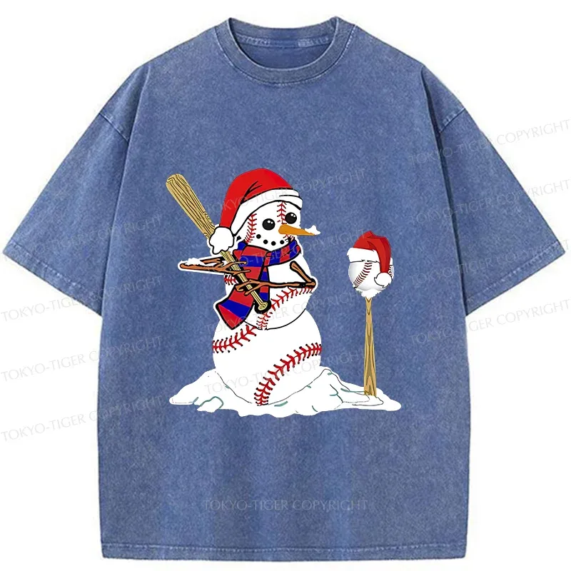 Tokyo-Tiger Snowman Playing Baseball Washed T-Shirt