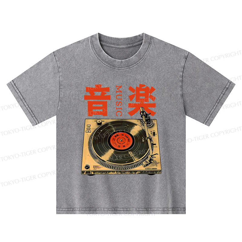 Tokyo-Tiger Retro Music Record Player Kids Washed T-Shirt