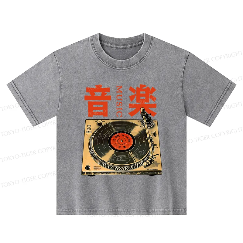 Tokyo-Tiger Retro Music Record Player Kids Washed T-Shirt