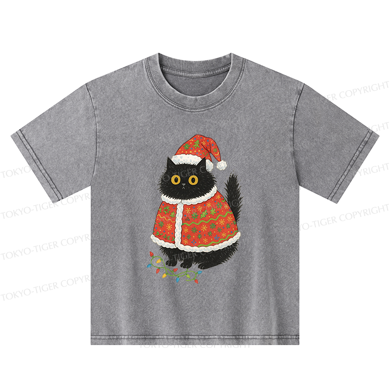 Tokyo-Tiger Cat Wearing Santa Hat Kids Washed T-Shirt