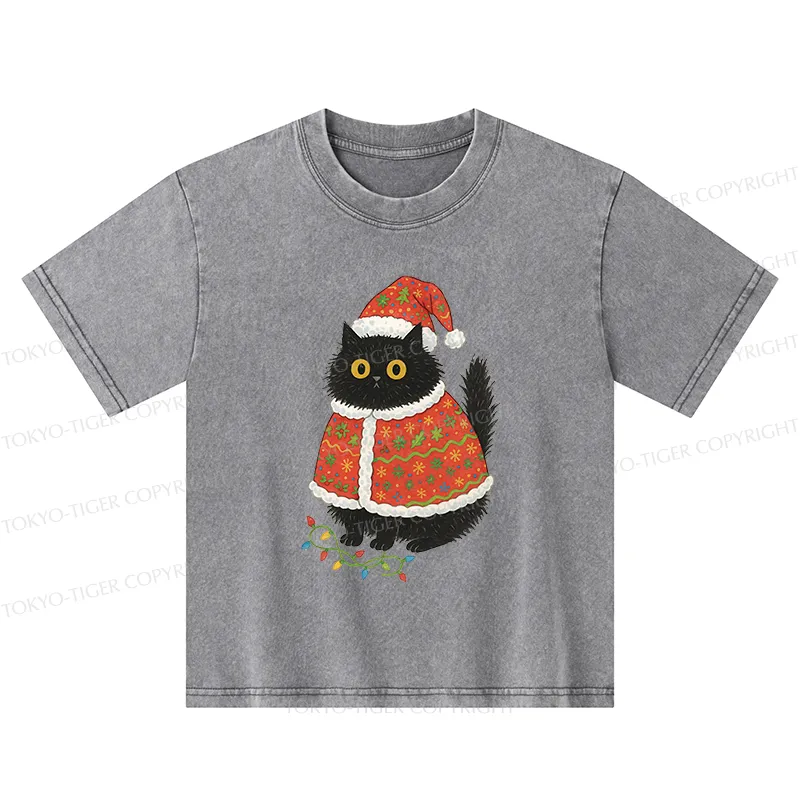 Tokyo-Tiger Cat Wearing Santa Hat Kids Washed T-Shirt