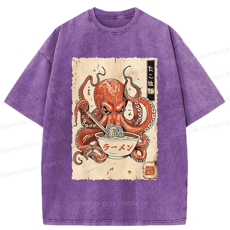 Tokyo-Tiger Retro Octopus Eating Ramen Washed T-Shirt