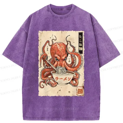 Tokyo-Tiger Retro Octopus Eating Ramen Washed T-Shirt