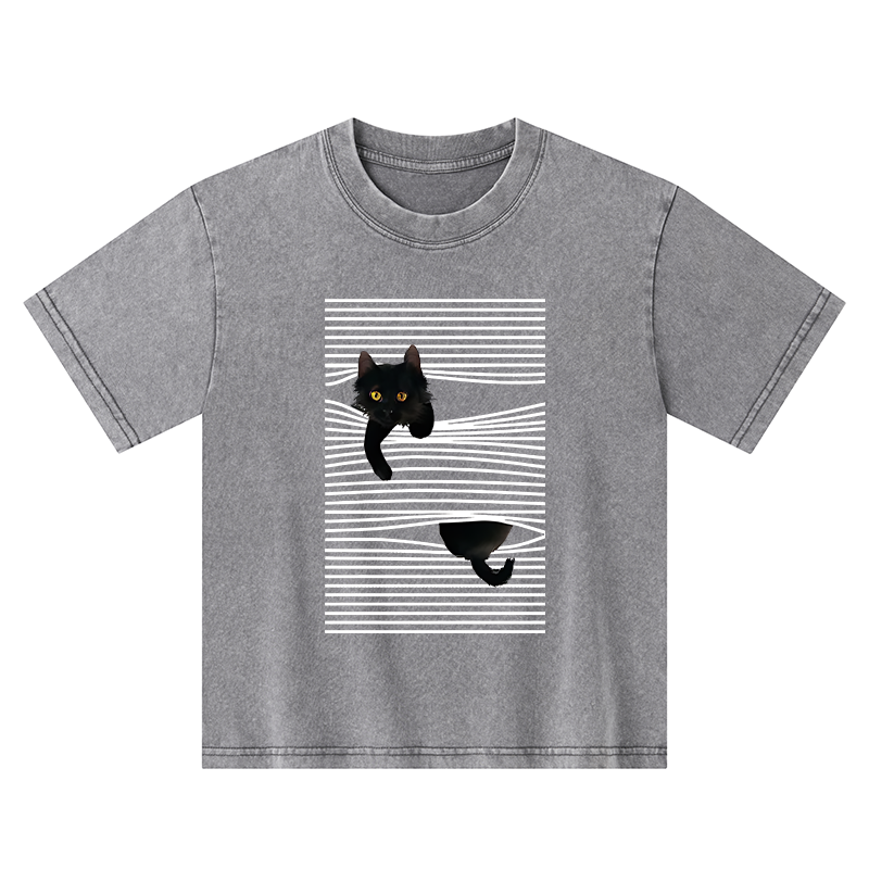 Tokyo-Tiger Cat Scratching Curtain Kids Washed T-Shirt