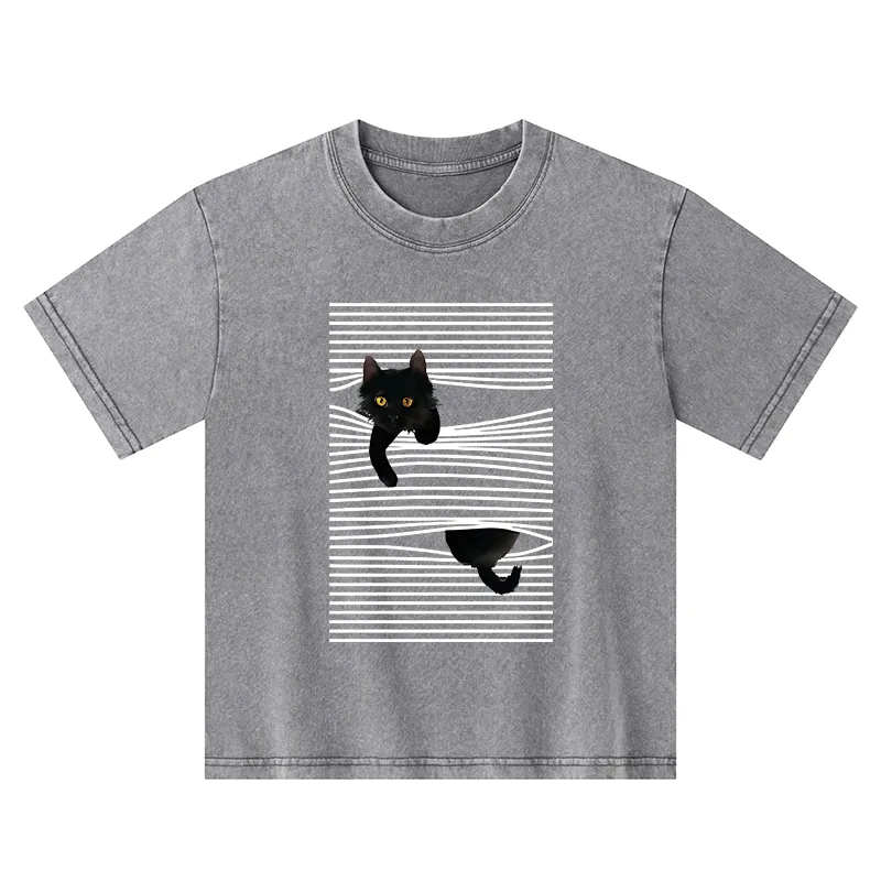 Tokyo-Tiger Cat Scratching Curtain Kids Washed T-Shirt