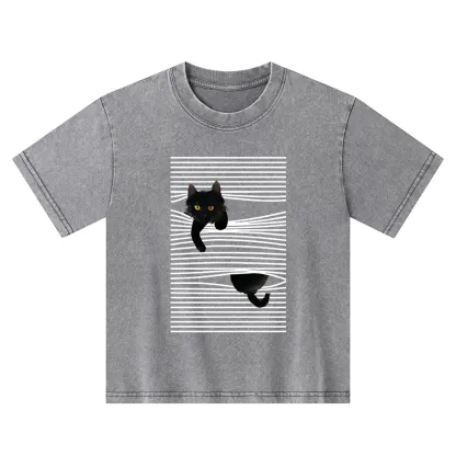 Tokyo-Tiger Cat Scratching Curtain Kids Washed T-Shirt