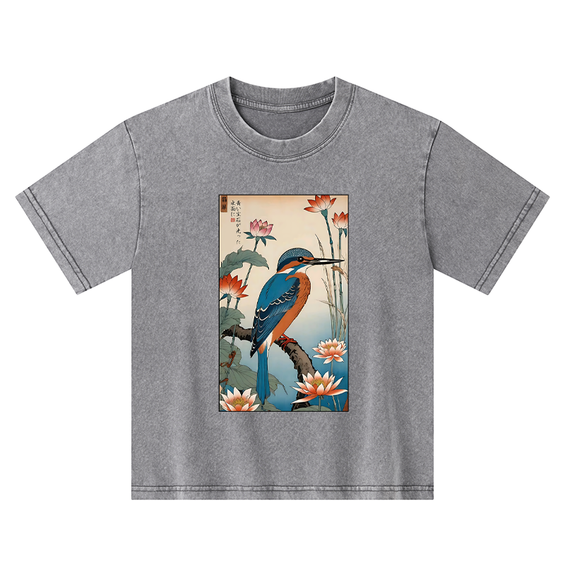 Tokyo-Tiger Ukiyo-e Kingfisher Kids Washed T-Shirt