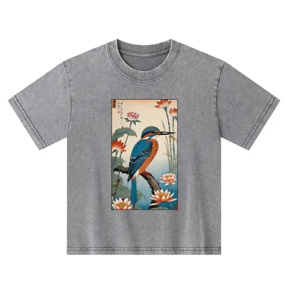 Tokyo-Tiger Ukiyo-e Kingfisher Kids Washed T-Shirt