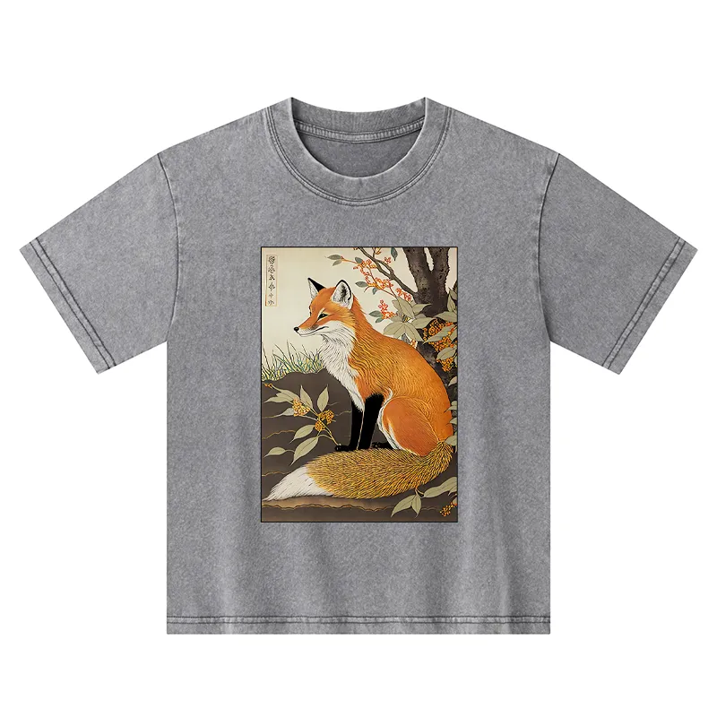 Tokyo-Tiger Ukiyo-e Fox Kids Washed T-Shirt